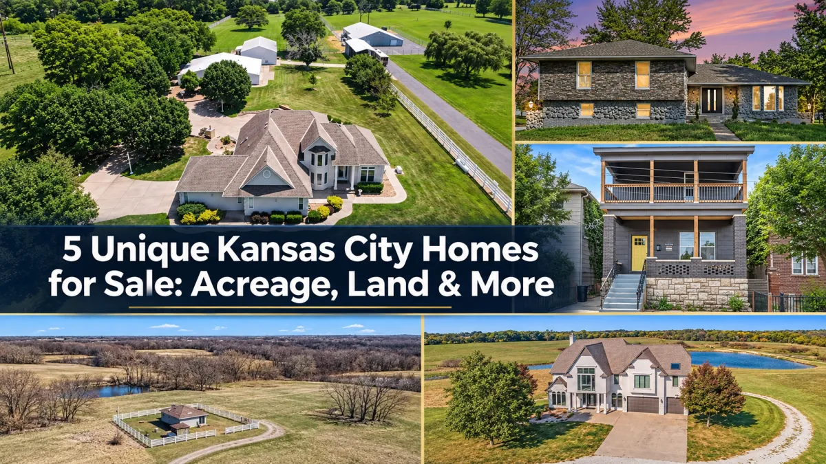 Collage of five unique Kansas City homes for sale featuring acreage, land, outbuildings and an urban property