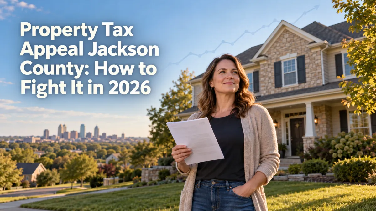 Kansas City homeowner holding a property tax assessment letter outside her home for a Jackson County property tax appeal in 2026.