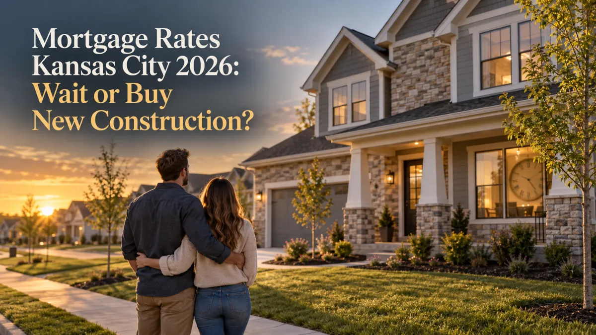 Couple viewing a newly built Kansas City home at sunset, with a clock in the window and a headline about mortgage rates and whether to wait or buy new construction.