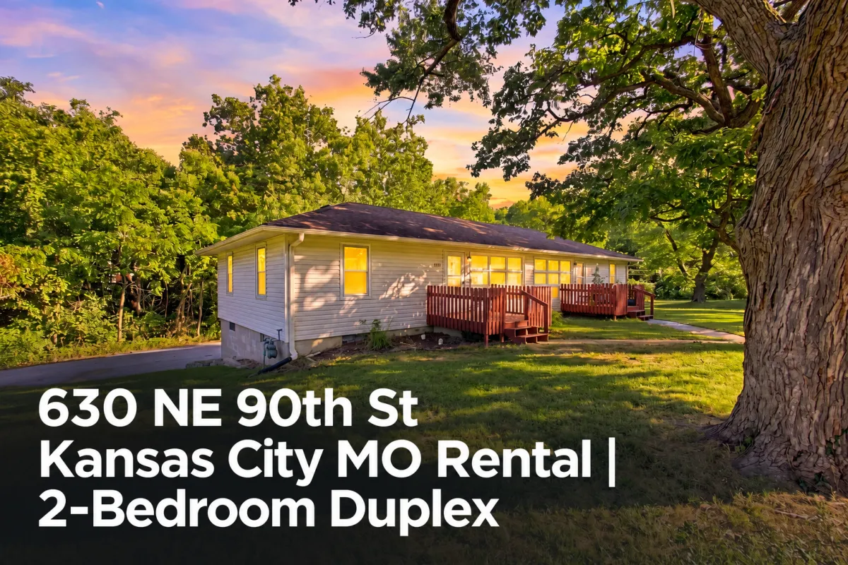 Exterior of the 2-bedroom rental duplex at 630 NE 90th St in Kansas City, MO, at sunset.