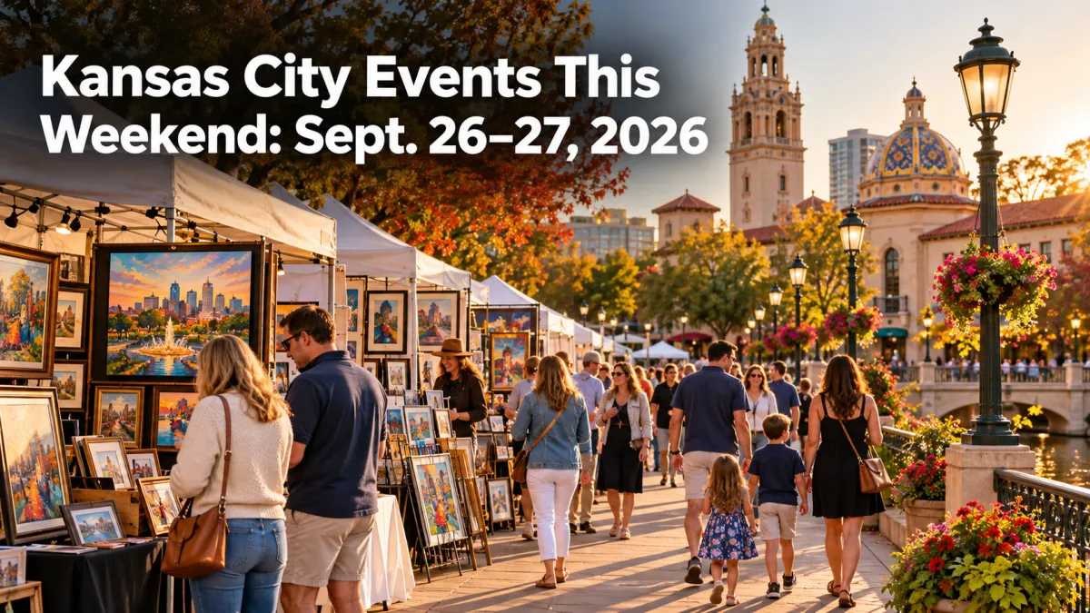 Families browse outdoor art booths at Kansas City’s Country Club Plaza beneath a headline for September 26–27, 2026 weekend events.