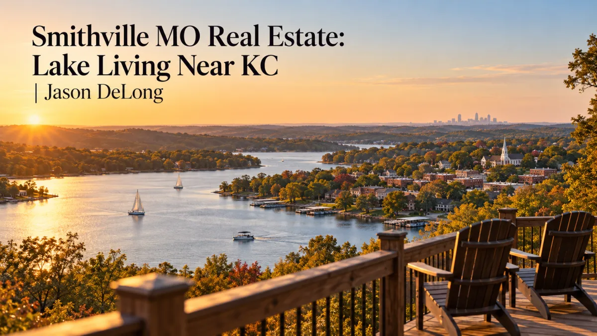 Illustrated sunset view of lake living near Smithville, Missouri, with Adirondack chairs overlooking the water.