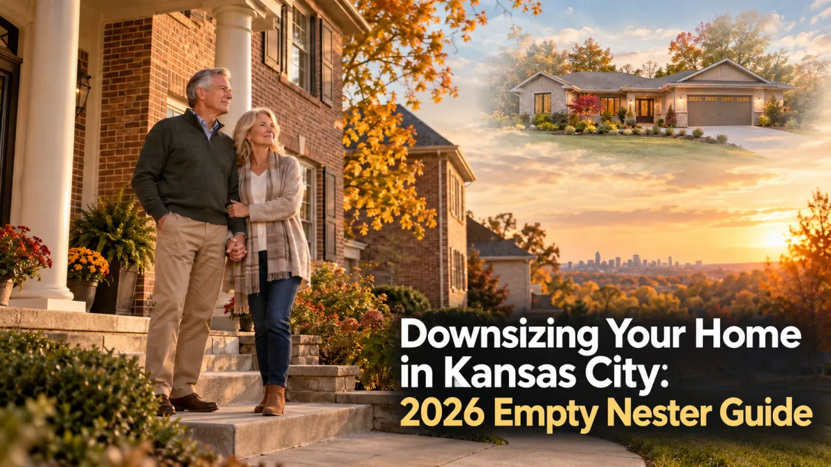 Couple on the porch of their Kansas City home, looking toward a smaller ranch home in a downsizing guide cover image.