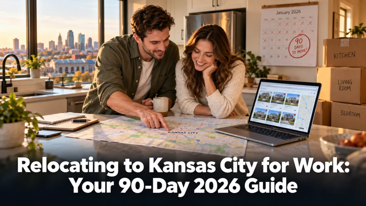 Young professional couple planning their relocation to Kansas City with a metro map, home listings, moving boxes, and a 90-day countdown calendar.