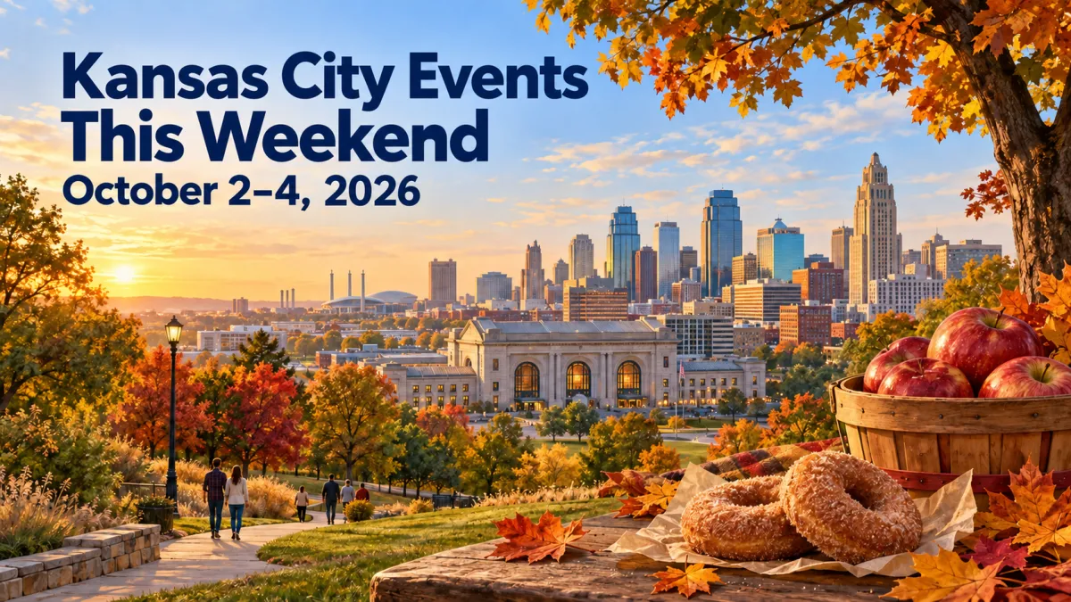 Kansas City skyline at sunset with fall foliage, apples, and cider donuts, promoting weekend events October 2–4, 2026.