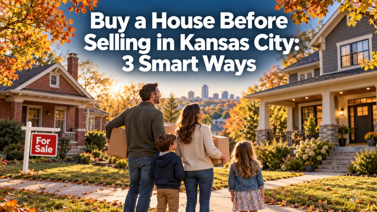 Family holding moving boxes between a red-brick bungalow for sale and a craftsman home in Kansas City, illustrating buying before selling.