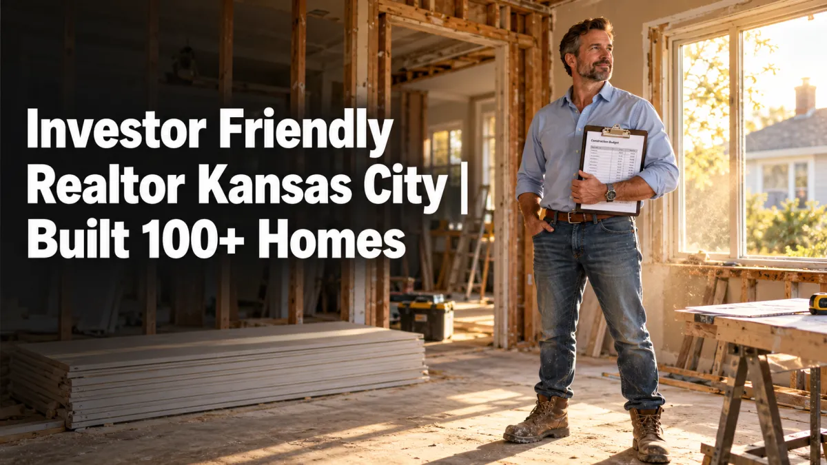 Real estate agent holding a construction budget clipboard inside a Kansas City bungalow undergoing renovation.