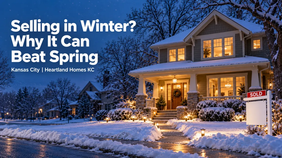 Snow-covered Kansas City Craftsman home glowing warmly at dusk with a SOLD sign and headline “Selling in Winter? Why It Can Beat Spring.”
