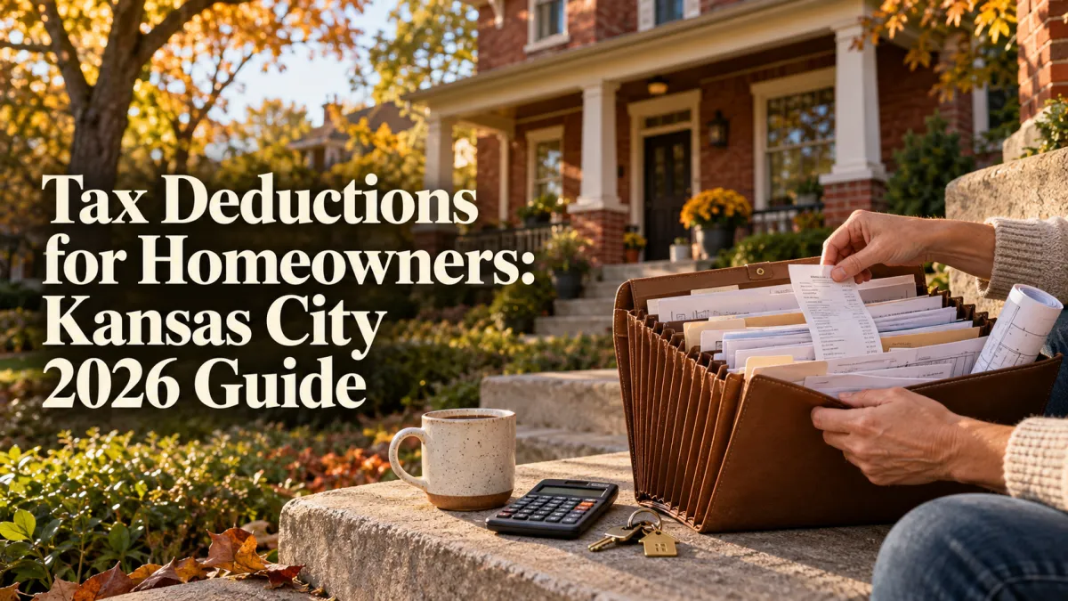Homeowner organizing receipts and invoices on the front steps of a red brick Kansas City home, with a headline about homeowner tax deductions for 2026.