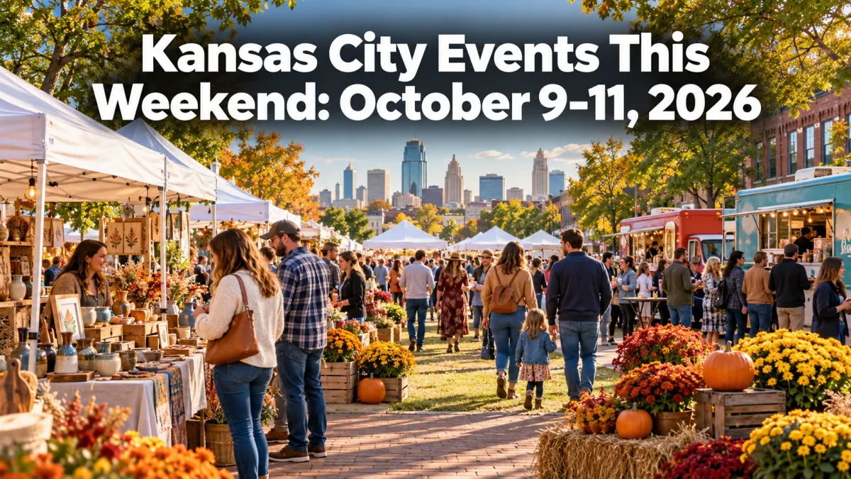 Kansas City fall festival with vendor tents, food trucks, pumpkins, and families, featuring an October 9–11, 2026 weekend events headline.