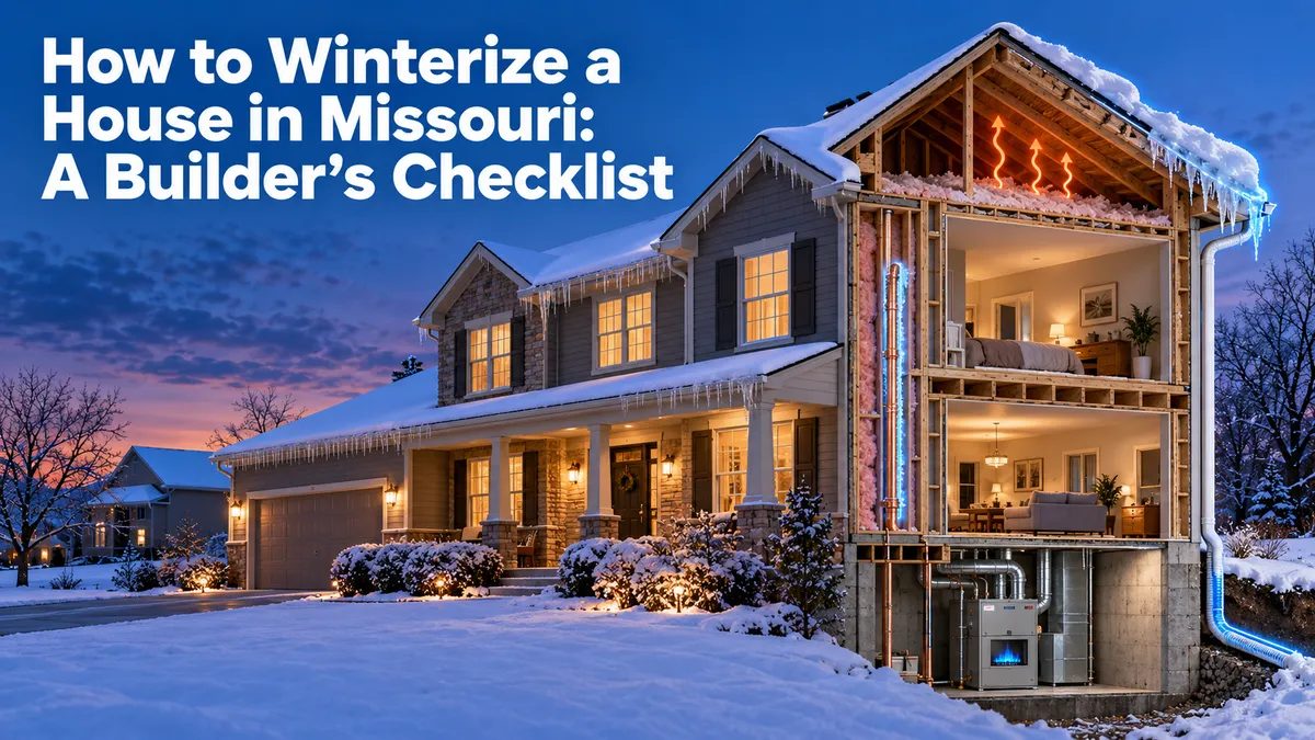 Snow-covered Missouri home at dusk with an architectural cutaway highlighting frozen pipes, attic heat loss, roof ice, a furnace, and foundation drainage.