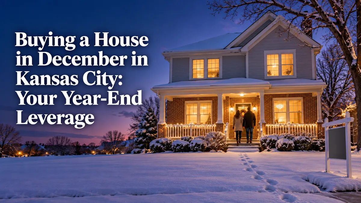 Snow-covered Kansas City home at blue hour with warm windows, a couple on the porch, and headline about buying a house in December.