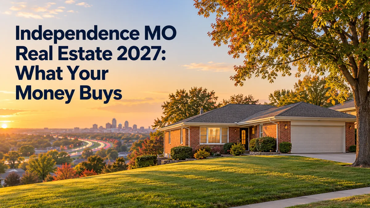 Red brick ranch home at golden hour with autumn foliage and a distant city skyline, illustrating Independence MO real estate and what your money buys in 2027.