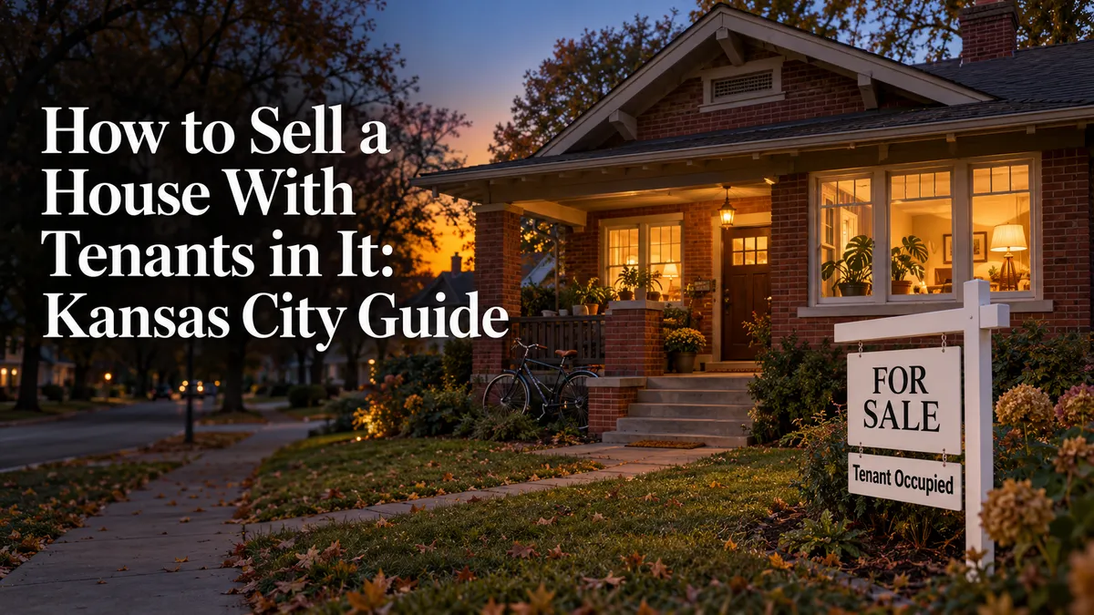 1920s red brick bungalow in a Kansas City neighborhood at dusk, with glowing windows, a “Tenant Occupied” rider on the For Sale sign, and the headline “How to Sell a House With Tenants in It: Kansas City Guide.”