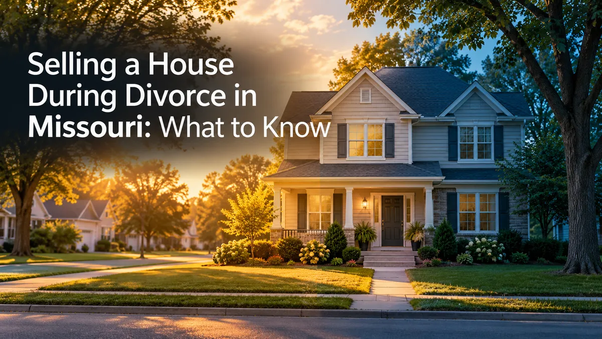 Two-story Missouri home in warm evening light and cool blue shade, with headline “Selling a House During Divorce in Missouri: What to Know.”