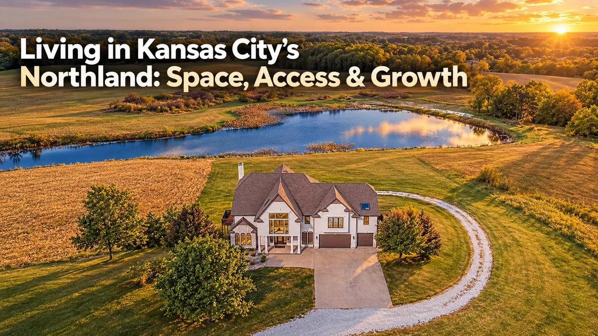 Aerial view of a Northland Kansas City home beside a pond at sunset, illustrating the area’s space, access, and growth.