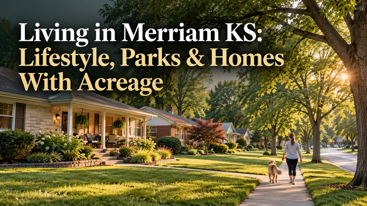 Merriam, KS neighborhood with ranch homes, mature trees, and a person walking a dog, with a headline about local lifestyle, parks, and homes with acreage.