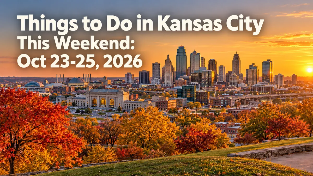 Kansas City skyline at golden hour with colorful autumn trees and the headline “Things to Do in Kansas City This Weekend: Oct 23-25, 2026.”