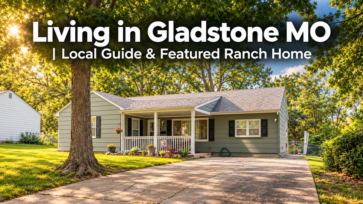 Ranch home at 503 NE 67th Terrace in Gladstone, MO, with a covered front porch and mature trees, featured in a local living guide.
