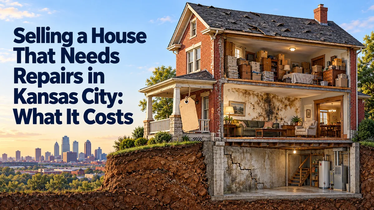 Cutaway home showing roof damage, clutter, mold and foundation cracks beside the headline “Selling a House That Needs Repairs in Kansas City: What It Costs.”