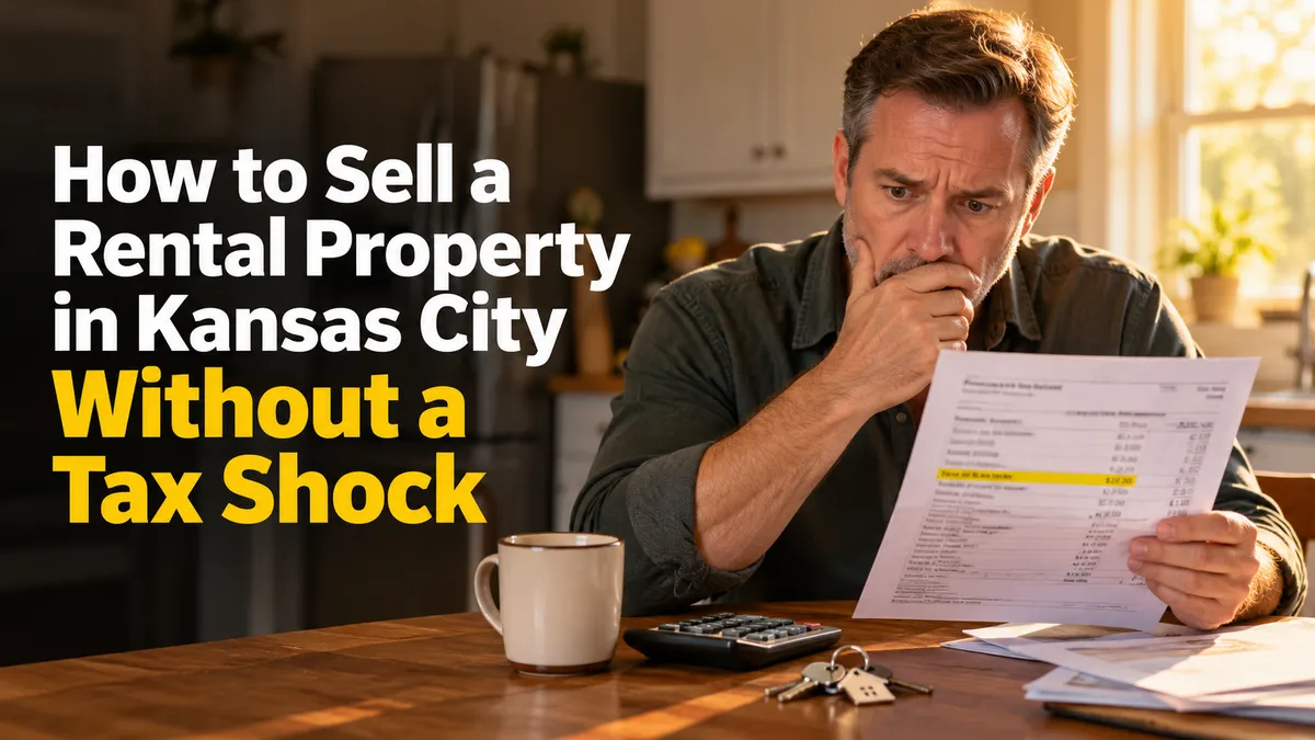 Concerned landlord reviewing a closing statement with a highlighted tax line before selling a rental property in Kansas City.