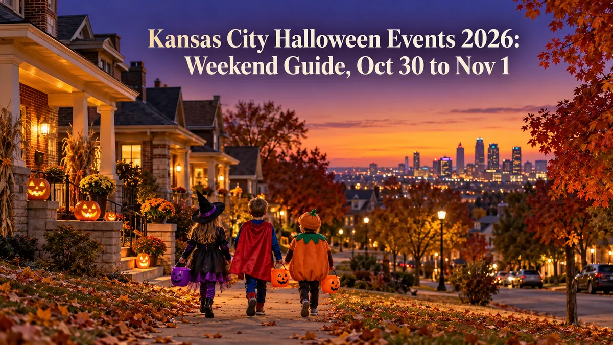 Kansas City Halloween Events 2026: Weekend Guide, Oct 30 to Nov 1. Costumed children walk past glowing jack-o’-lanterns with the downtown skyline at dusk.