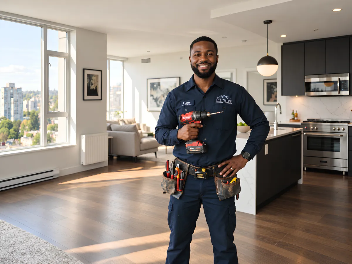 Black maintenance technician performing professional property repairs