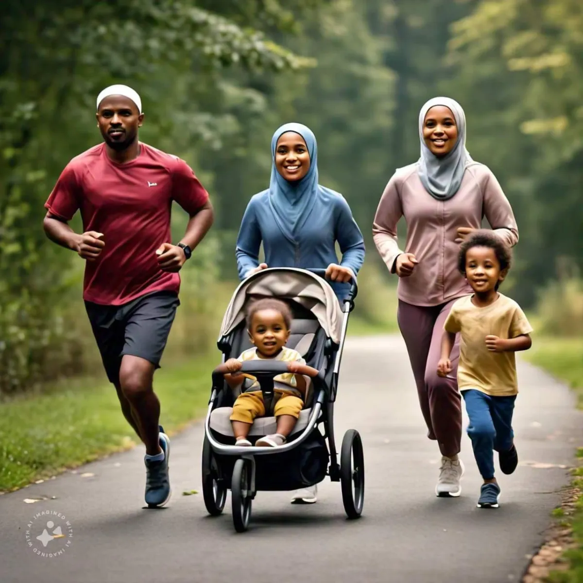 Muslim family jogging together, promoting health, wellness, and family unity for ACA health insurance coverage.