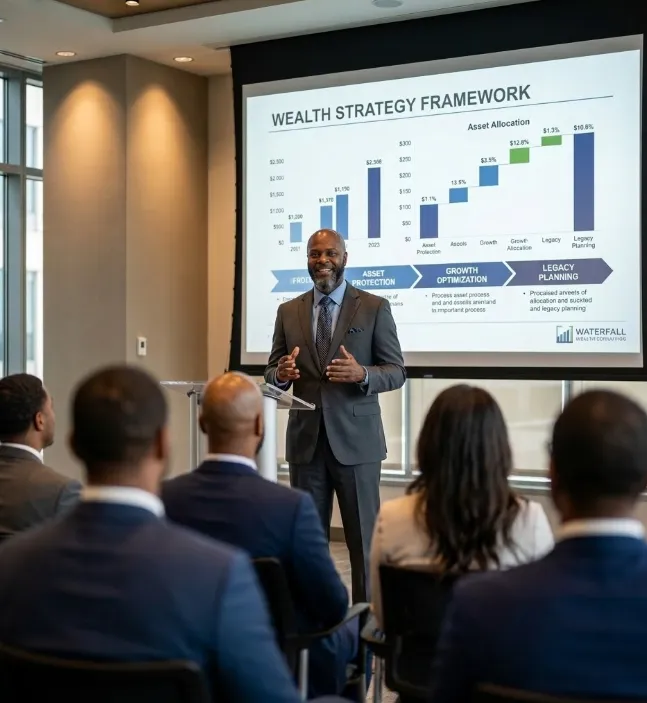 Chaka Ali speaking with clients and audience during a small business retirement presentation