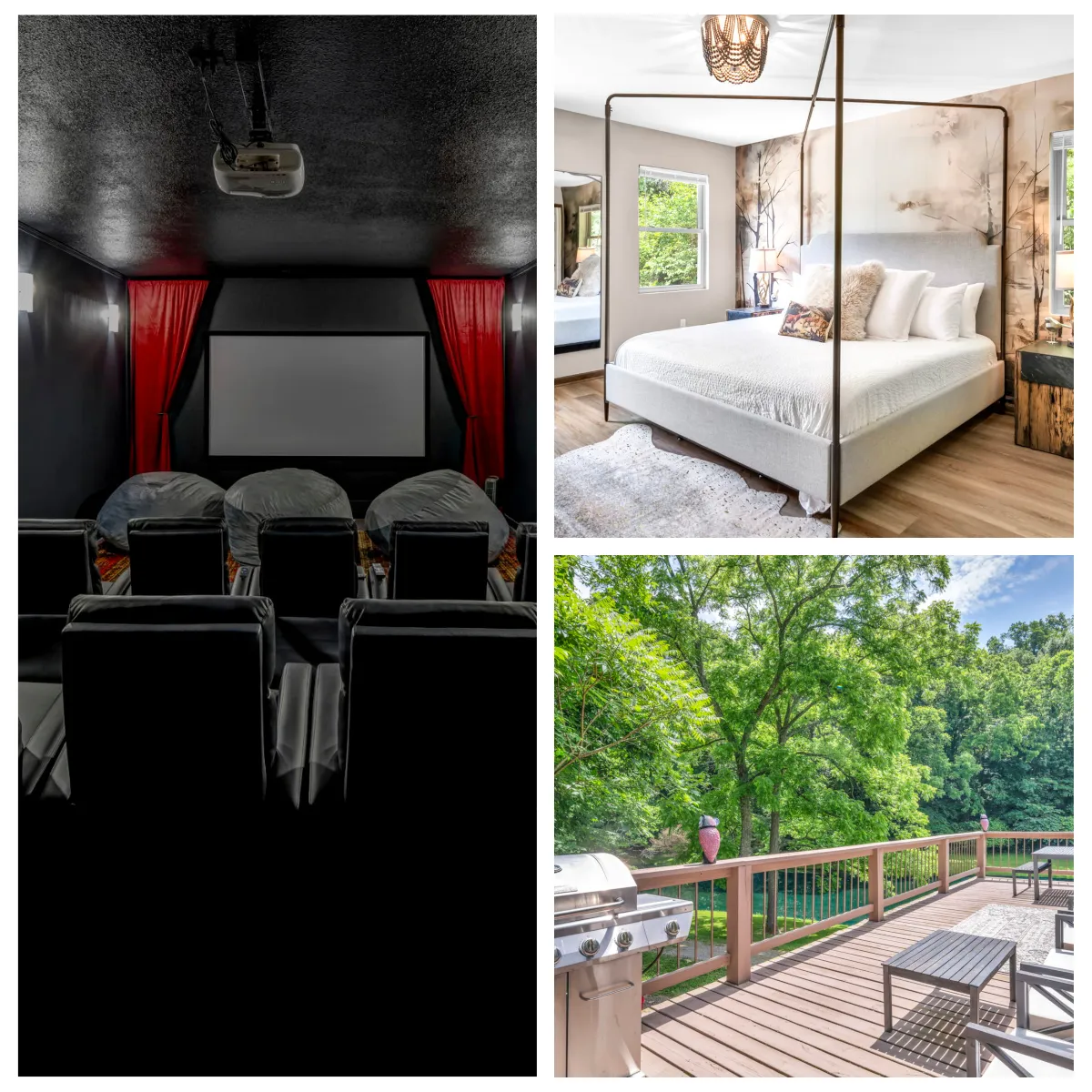 Relax in luxury at The Hideaway, with a private movie theater, sauna, cold plunge tub, kitchen, fireplace, and two bedrooms.