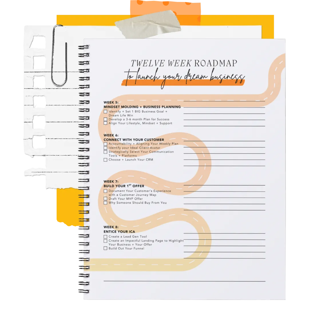 Free 12-week business launch roadmap for women entrepreneurs from Empower Her showing steps to plan, launch, and grow a business