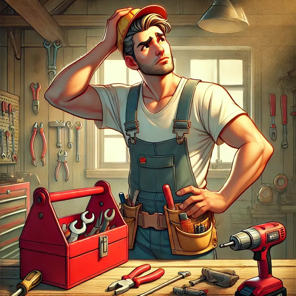 A cartoon-style illustration of a puzzled handyman standing in a workshop, holding a red toolbox in one hand while scratching their head with the other. The handyman wears overalls, a white t-shirt, and a yellow hard hat, with scattered tools like hammers, wrenches, and screwdrivers on a wooden table behind them. The warm lighting casts soft shadows, creating a cozy and approachable atmosphere.