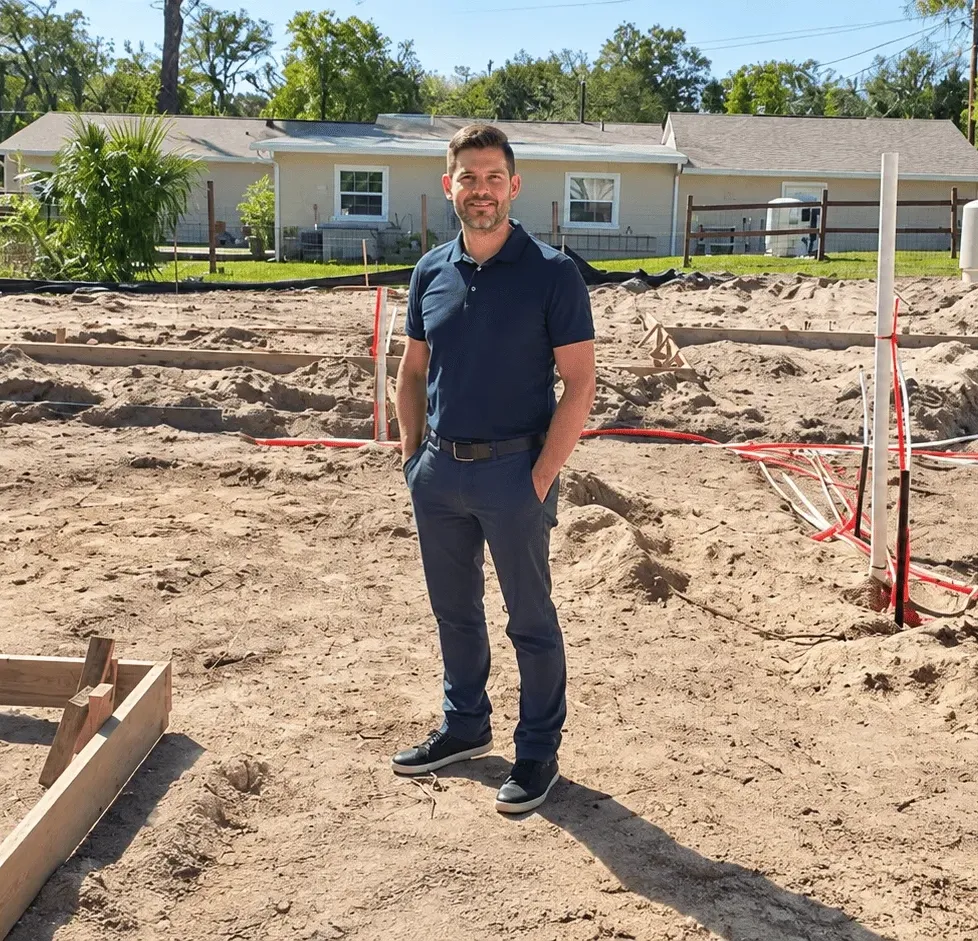 Víctor Arroyo de pie en un terreno en construcción residencial, con tuberías y trabajos de cimentación en proceso.
