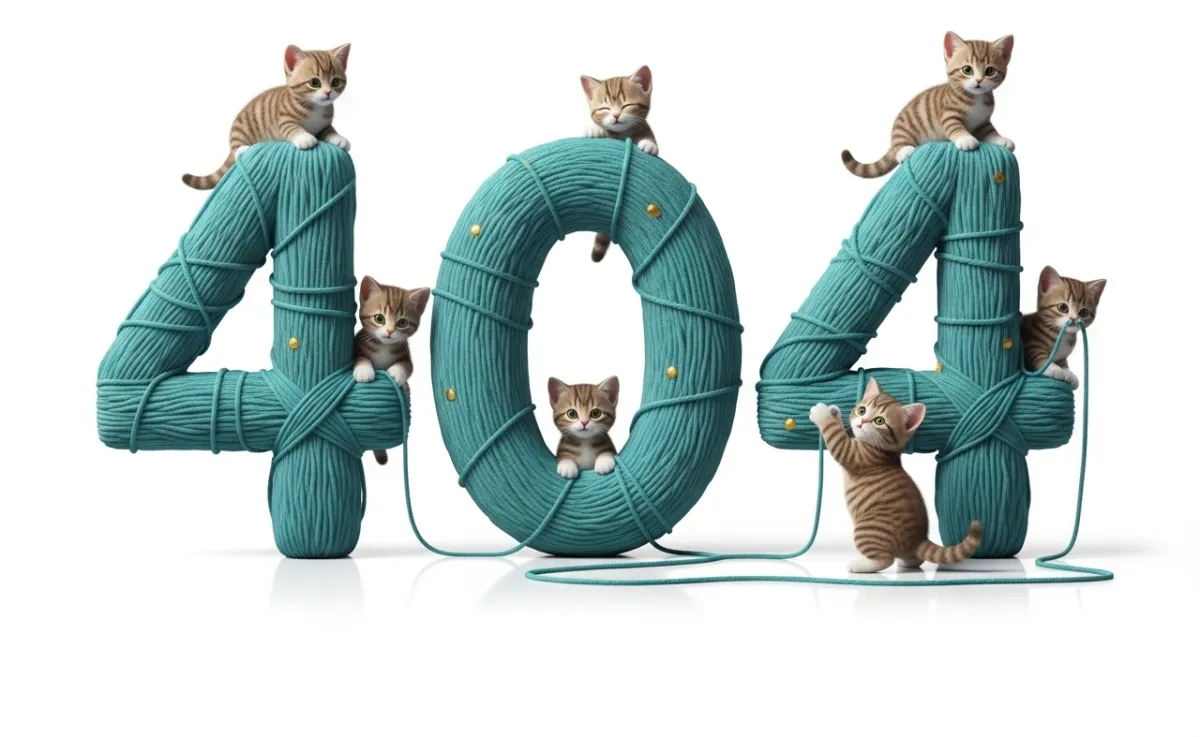 Kittens climbing in and around wool shaped like 404