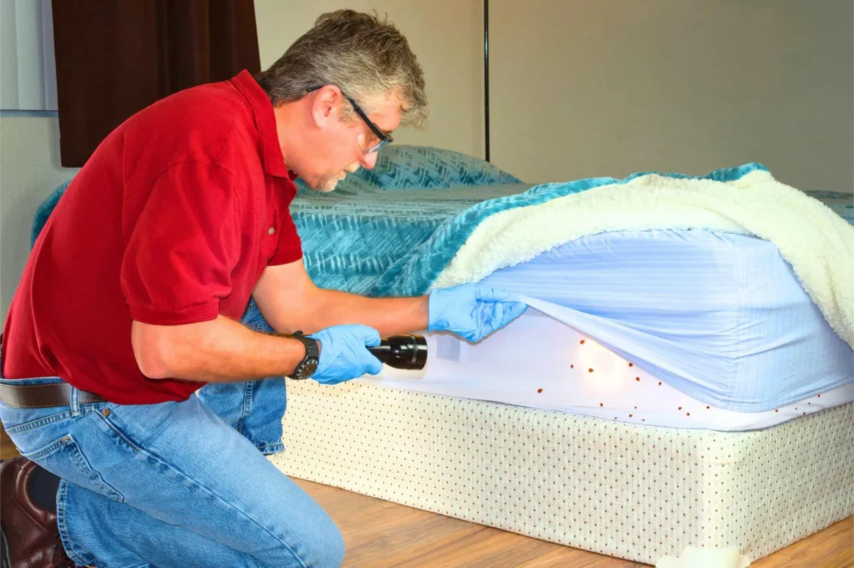 Gloved pest control pro checking a mattress for bed bugs - professional bed bug inspection by Alafia Termite & Pest Control.