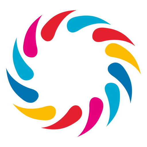 Colorful circular logo representing Top Gun Ohio, featuring vibrant blue, red, pink, yellow, and orange elements, symbolizing energy and movement in gymnastics and cheerleading training.