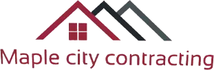 Maple City Contracting logo featuring a stylized house design with red and gray colors, representing local business support for Top Gun Ohio gymnastics and cheerleading.