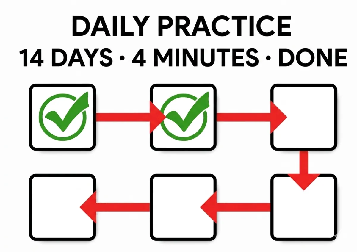 Daily Practice tracker for the 14-Day Ocean Breeze™ Challenge - 14 days, 4 minutes a day, with progress checkboxes showing daily breathwork habit being built one session at a time.