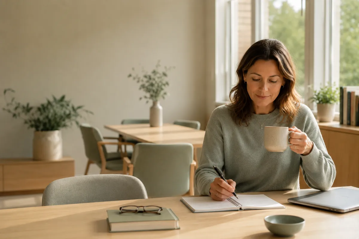 Woman drinking coffee writing in a journal