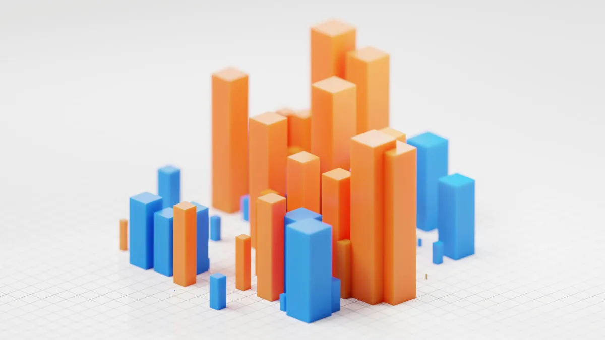 Orange 3D bar chart trending upward, representing revenue growth