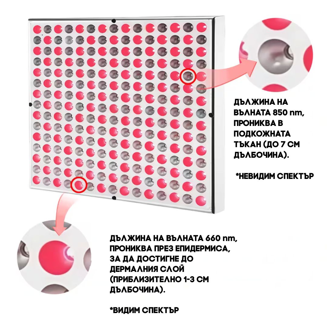 Артистична визуализация на червени и близко инфрачервени светлинни вълни, взаимодействащи с човешки клетки, показваща активиране на митохондриите и поток на енергия в научен, високотехнологичен стил.