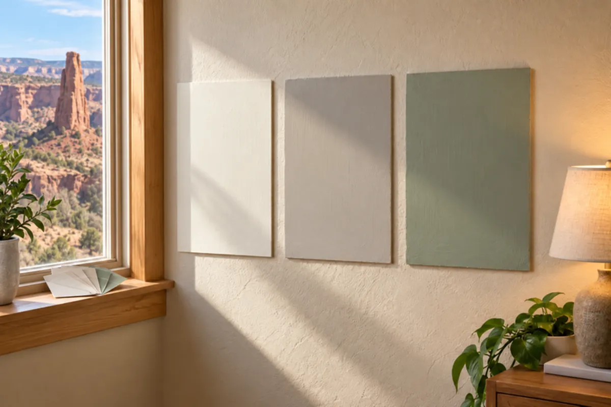 White, greige, and sage paint samples viewed beside a sunlit window and warm lamp in Grand Junction, CO.