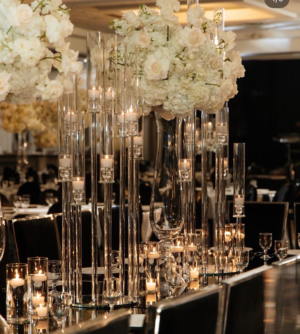 Crystal candelabra wedding centerpiece Detroit on black linen table
