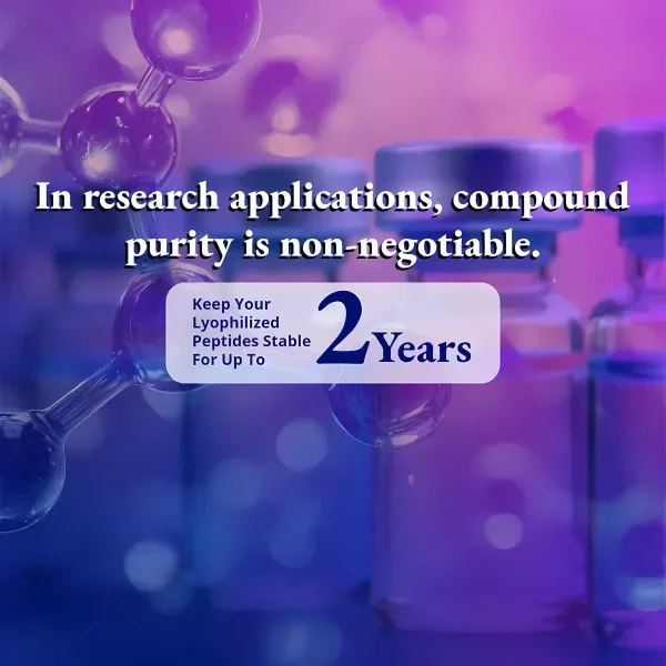 Research peptide storage graphic featuring laboratory vials and molecular imagery, with text emphasizing compound purity and up to two years of stability for lyophilized peptides.