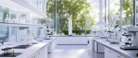 Modern laboratory interior with glassware and scientific equipment, emphasizing precision and research-grade compounds for laboratory use.