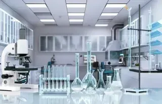 Laboratory setting featuring a microscope, various glassware including test tubes and flasks, emphasizing research-grade peptides and scientific precision.