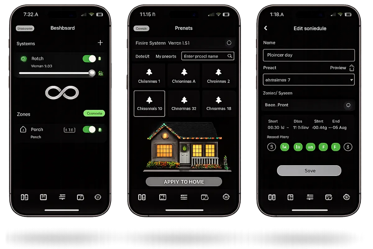 Infinity Smart Lighting mobile app: dashboards, presets, and schedules