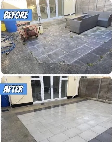 Patio cleaning with professional pressure washing equipment