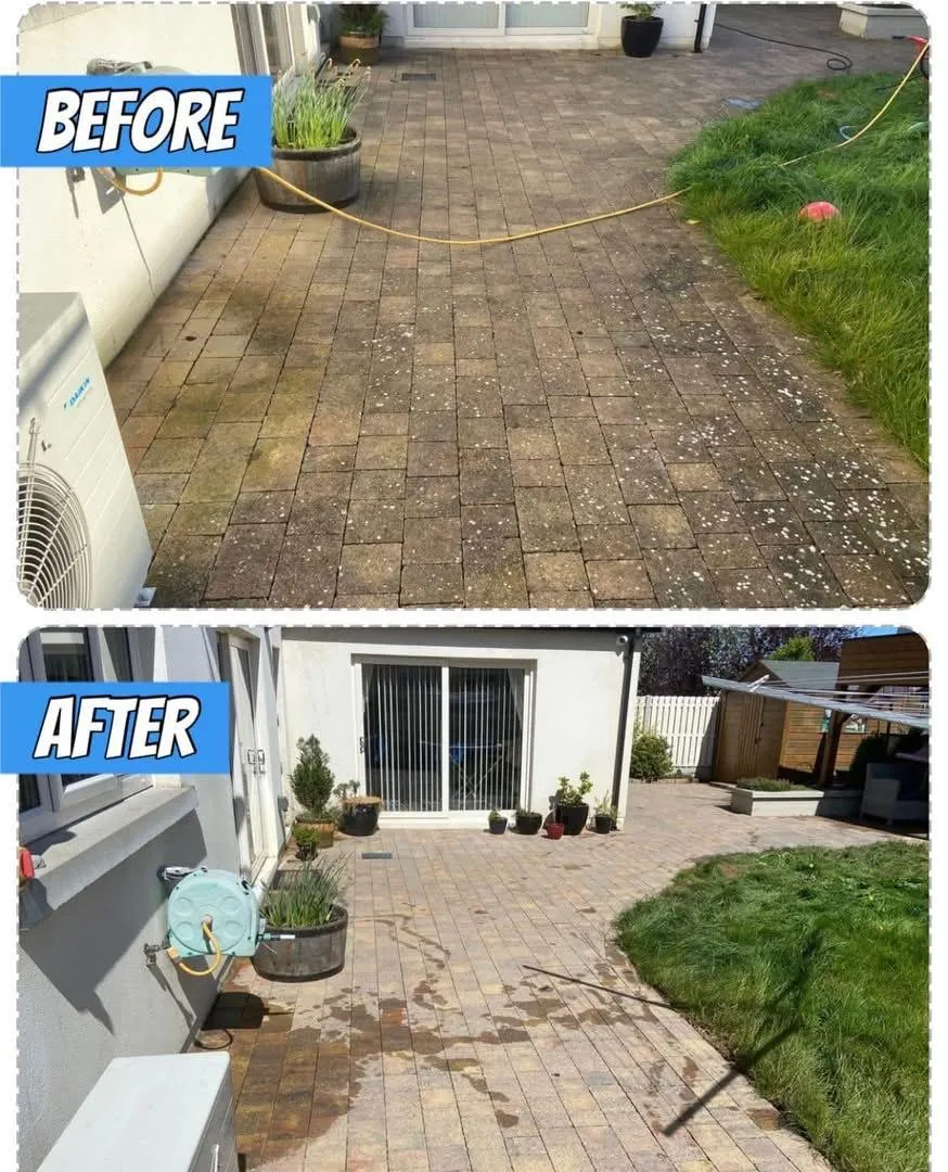Before and after of patio soft wash cleaning in Balbriggan garden
