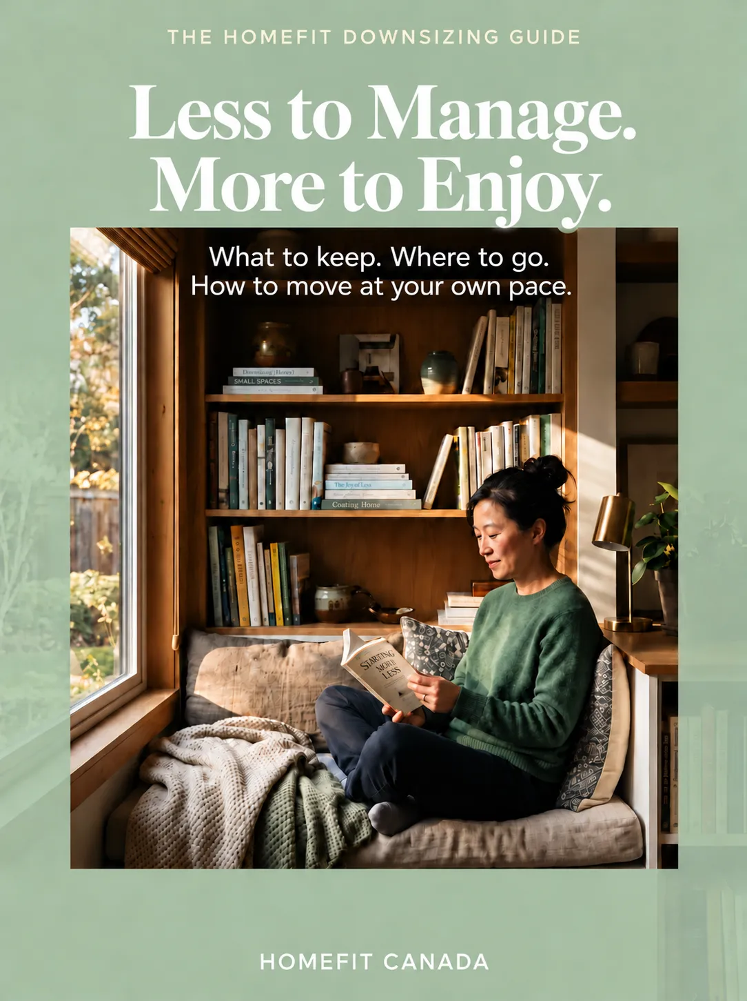 Editorial cover of Downsizing Guide with FREE GUIDE badge and HomeFit wordmark